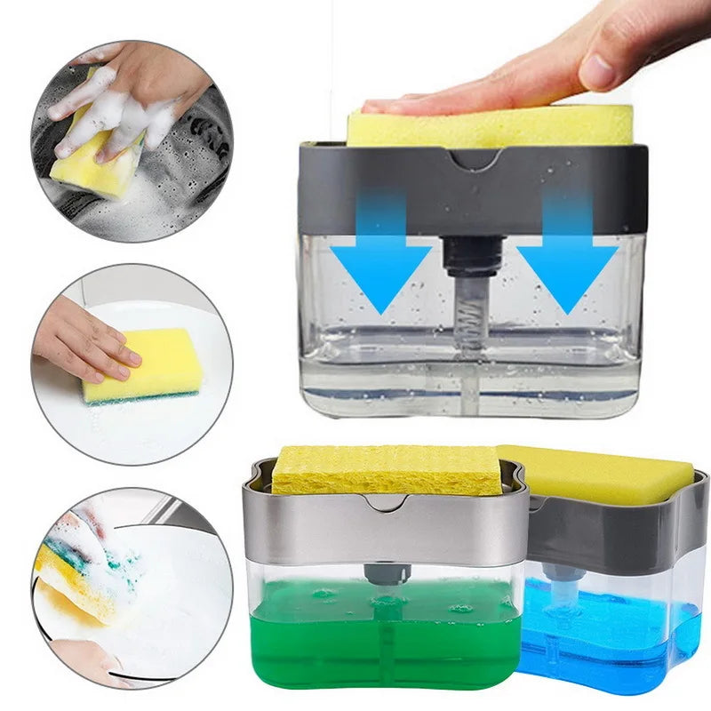 Soap Pump Dispenser with Sponge Holder Hand Press Kitchen Brush