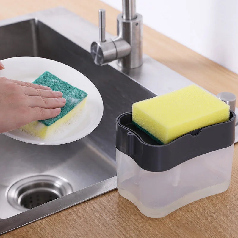 Soap Pump Dispenser with Sponge Holder Hand Press Kitchen Brush